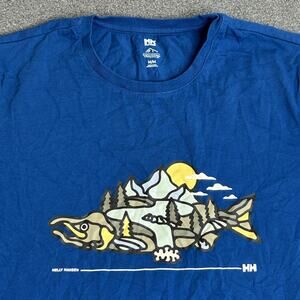 Helly Hansen Shirt Mens Medium Blue Fish Graphic Organic Cotton Short Sleeve Tee